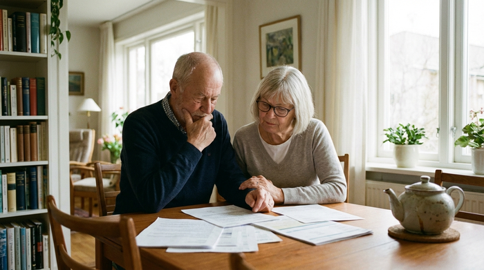 Ein älteres Ehepaar sitzt gemeinsam am Esstisch und betrachtet nachdenklich einige Dokumente. Der Raum ist gemütlich und aufgeräumt, weiches Tageslicht erhellt die Szene. Realistische Darstellung, Fokus auf die nachdenkliche, aber ruhige Stimmung.