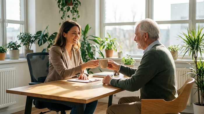 Eine freundliche Beraterin im gepflegten Business-Casual-Look sitzt einem Senior in einem hellen Büro gegenüber. Sie lächelt aufmunternd und reicht ihm eine Kaffeetasse. Vertrauensvolle Atmosphäre, helle Farben, realistisches Foto.