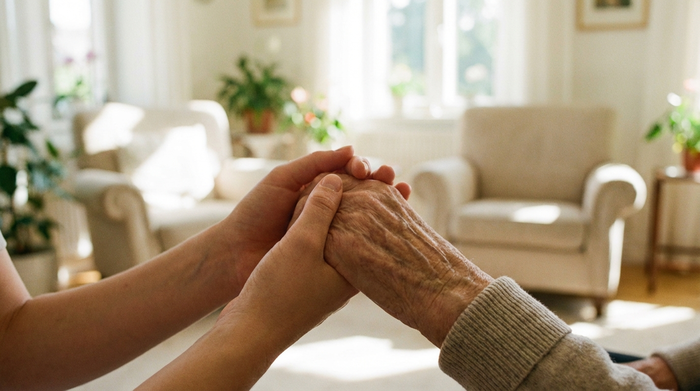 Eine Nahaufnahme von zwei Händen, die sich beruhigend halten. Eine jüngere Hand hält sanft die faltige Hand eines älteren Menschen. Im unscharfen Hintergrund ist ein helles, freundliches Wohnzimmer zu erkennen. Empathisch und warm.