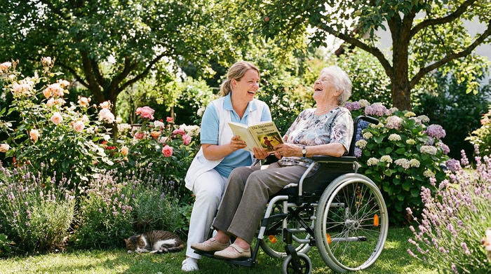 Eine freundliche Pflegekraft liest einer älteren Frau im Rollstuhl im heimischen Garten aus einem Buch vor. Beide lachen fröhlich. Gepflegter Garten mit blühenden Blumen im Hintergrund, sonniges Wetter, realistisch.