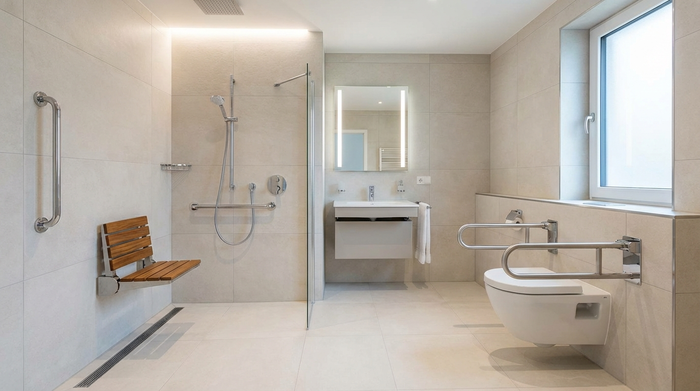 Ein modernes, barrierefreies Badezimmer mit einer bodengleichen Dusche, Haltegriffen an der Wand und hellen Fliesen. Ein eleganter Duschsitz ist an der Wand montiert. Sauber, sicher und stilvoll eingerichtet, ohne Menschen.