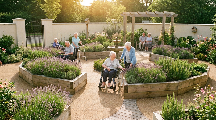Ein sicherer, idyllischer Demenzgarten mit rollstuhlgerechten Rundwegen, bepflanzt mit duftendem Lavendel und Rosmarin in erhöhten Hochbeeten. Senioren spazieren entspannt an einem sonnigen Nachmittag.