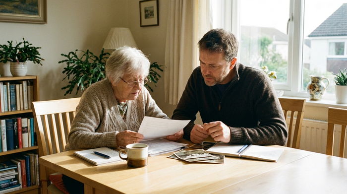 Eine ältere Dame und ihr Sohn sitzen gemeinsam an einem hellen Holztisch und schauen sich konzentriert Dokumente an. Eine Tasse Kaffee liegt neben ihnen auf dem Tisch.