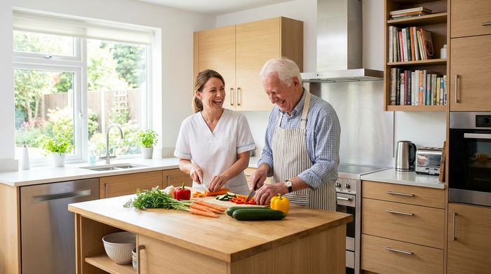 Eine freundliche Betreuungskraft kocht gemeinsam mit einem älteren Herrn in einer modernen, sauberen Küche. Beide lachen herzlich und schneiden frisches Gemüse für das Mittagessen.