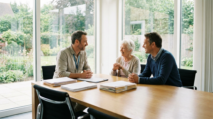 Ein engagierter Sozialarbeiter im Gespräch mit einer älteren Dame und ihrem Sohn in einem modernen, lichtdurchfluteten Krankenhausbüro. Auf dem Tisch liegen ordentlich sortierte Dokumente.