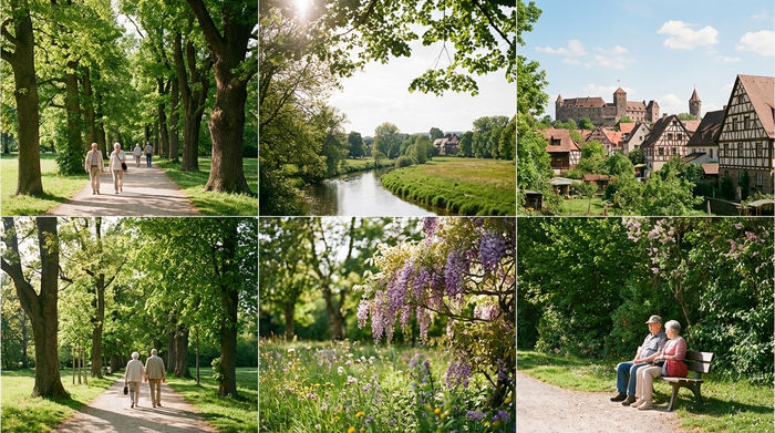 Ein malerischer Blick auf eine grüne Parkanlage im Nürnberger Umland. Ältere Menschen spazieren entspannt an einem sonnigen Nachmittag über gepflegte, von großen Bäumen gesäumte Wege.