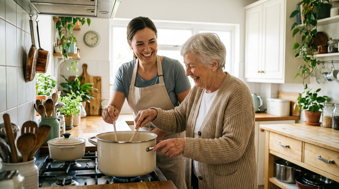 Eine freundliche, professionelle Betreuungskraft kocht gemeinsam mit einer lächelnden Seniorin in einer gemütlichen, sauberen Küche. Beide wirken glücklich und sehr vertraut miteinander.