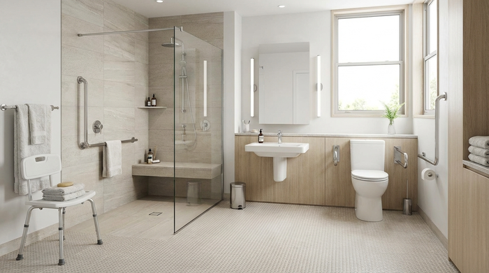 Ein modernes, helles und barrierefreies Badezimmer mit einer ebenerdigen Dusche, stabilen Haltegriffen und rutschfesten Bodenfliesen. Alles wirkt sehr sauber, sicher und komfortabel eingerichtet.