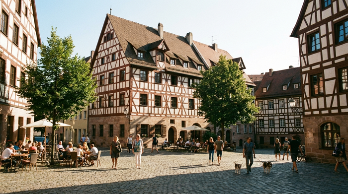 Ein historisches Gebäude in der Nürnberger Altstadt an einem sonnigen Tag. Menschen gehen entspannt über einen gepflasterten Platz, eine friedliche und einladende städtische Szene ohne erkennbare Schriftzüge.