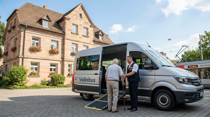Ein moderner, barrierefreier Kleinbus mit geöffneter Rampe steht vor einem gepflegten Nürnberger Wohnhaus. Ein freundlicher Fahrer hilft einem älteren Herrn mit Gehstock behutsam und geduldig beim Einsteigen.