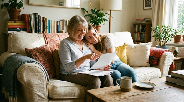 Eine ältere Dame und ihre Tochter sitzen entspannt auf einem gemütlichen Sofa im Wohnzimmer und schauen lächelnd auf einige Papiere. Die Atmosphäre ist spürbar erleichtert und harmonisch, eine Kaffeetasse steht auf dem Tisch.