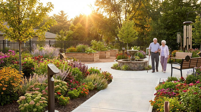 Ein wunderschön angelegter, sicherer Sinnesgarten mit bunten Blumenbeeten, Hochbeeten und einem kleinen Springbrunnen. Zwei Senioren spazieren ruhig auf einem gepflasterten, barrierefreien Weg im sanften, warmen Nachmittagslicht.