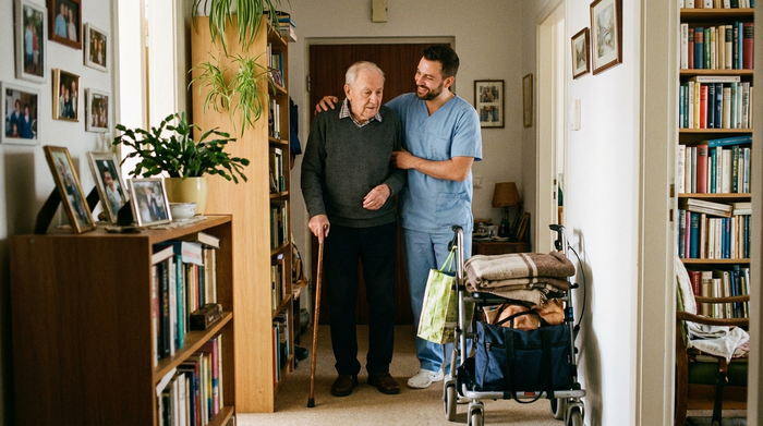 Ein empathischer Pfleger stützt einen älteren Herrn mit Gehstock sanft beim Verlassen seiner gemütlichen Wohnung. Im Hintergrund steht ein gepackter Rollator im Flur bereit.