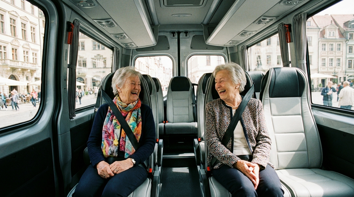 Zwei ältere Damen sitzen fröhlich plaudernd und sicher angeschnallt nebeneinander auf den bequemen Sitzen eines sauberen Kleinbusses während der Fahrt durch die Stadt.