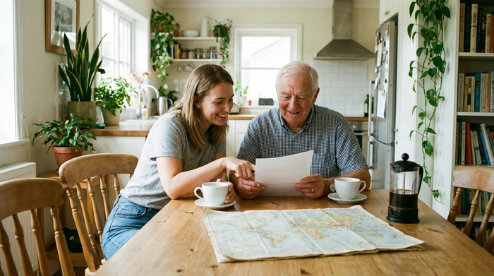 Eine erwachsene Tochter sitzt mit ihrem älteren Vater am Esstisch und bespricht entspannt ein Dokument, während beide zufrieden lächeln. Auf dem Tisch stehen Kaffeetassen.