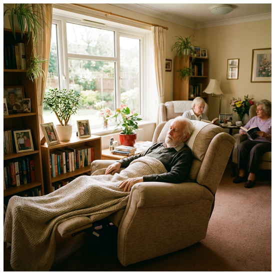 Ein gemütlicher Ruheraum in einer Senioreneinrichtung. Ein älterer Herr schläft friedlich in einem bequemen, verstellbaren Ruhesessel. Sanftes, warmes Licht fällt durch das Fenster.