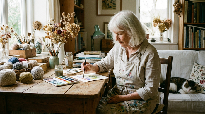 Eine ältere Dame mit weißen Haaren malt konzentriert mit Wasserfarben an einem Holztisch. Neben ihr liegt Bastelmaterial. Die Szene strahlt Ruhe und Kreativität aus.
