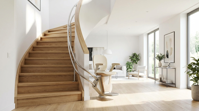 Ein moderner Treppenlift an einer geschwungenen Holztreppe in einem hellen Einfamilienhaus. Der Lift fügt sich elegant in die Wohnumgebung ein.