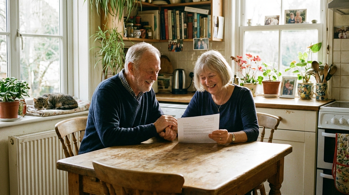 Ein älteres Ehepaar sitzt gemeinsam am Küchentisch und schaut entspannt auf ein Dokument. Sie wirken erleichtert und glücklich in ihrer vertrauten Umgebung.