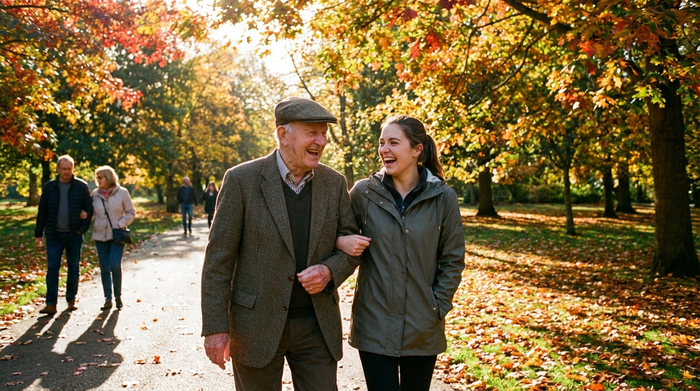 Ein älterer Herr und eine jüngere Betreuungskraft spazieren gemeinsam lachend durch einen grünen Park an einem sonnigen Herbsttag. Bunte Blätter an den Bäumen, friedliche Stimmung.