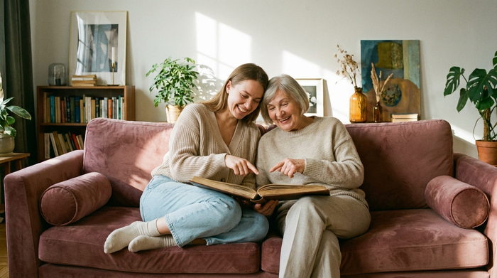 Eine erwachsene Tochter sitzt entspannt mit ihrer alten Mutter auf einem bequemen Sofa, beide lachen und schauen gemeinsam in ein altes Fotoalbum. Keine Hausarbeit im Bild, reine entspannte Familienzeit.