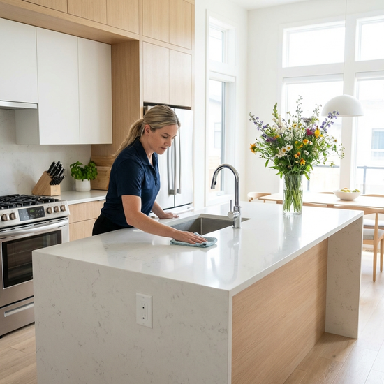 Eine gründliche Reinigungskraft wischt mit einem feuchten Tuch die Arbeitsplatte in einer modernen, sauberen Küche. Im Hintergrund sind frische Blumen zu sehen. Helle, freundliche Beleuchtung, realistischer Fotostil, keine Beschriftungen.