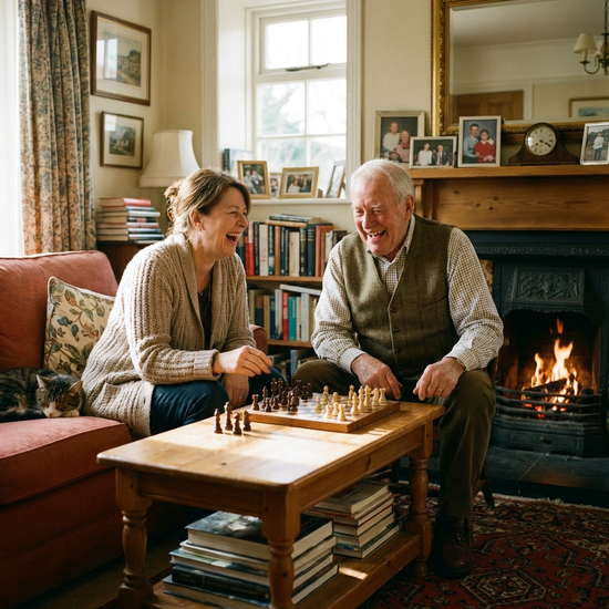 Eine empathische Alltagsbegleiterin spielt mit einem fröhlichen älteren Herrn Schach am Wohnzimmertisch. Beide lachen. Gemütliche, warme Atmosphäre, fotorealistische Szene ohne Text.
