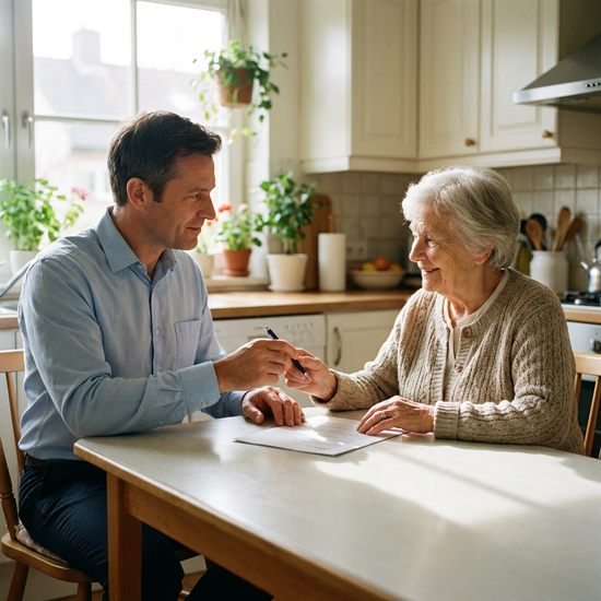 Ein seriöser Berater in einem hellen Hemd reicht einer älteren Dame am Küchentisch einen Stift, damit sie ein Dokument unterschreiben kann. Vertrauensvolle Stimmung, keine lesbaren Texte oder Logos.