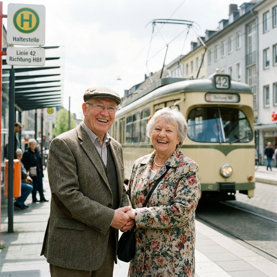Ein älteres Ehepaar steht lächelnd an einer Haltestelle in der Stadt, im Hintergrund ist verschwommen eine Straßenbahn zu erkennen. Helles Tageslicht, realistische Fotografie.