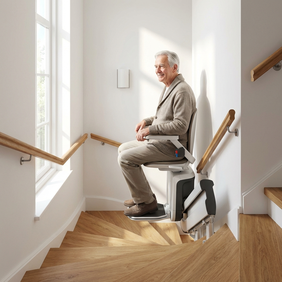 Ein älterer Herr fährt entspannt mit einem modernen Treppenlift eine geschwungene Holztreppe hinauf. Er lächelt zufrieden. Helles, gepflegtes Treppenhaus, fotorealistisch und ohne Text.