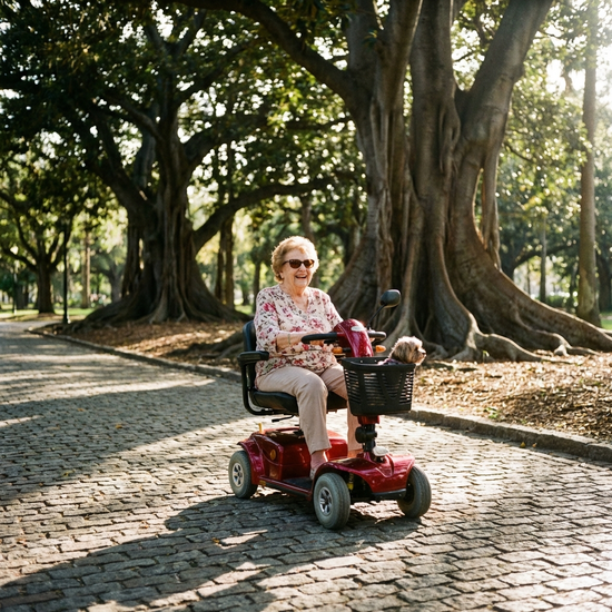 Eine ältere Dame fährt an einem sonnigen Tag mit einem roten Elektromobil auf einem gepflasterten Weg durch einen grünen Park. Alte Bäume im Hintergrund, realistische Fotografie.