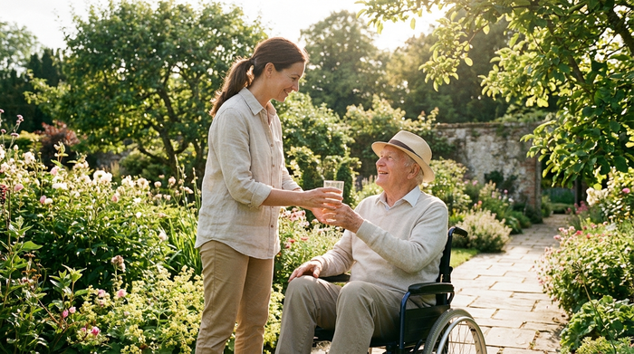 Eine aufmerksame Betreuerin reicht einem älteren Herrn im Rollstuhl in einem gepflegten Garten ein Glas Wasser. Sonniges, freundliches Wetter, grüne Pflanzen im Hintergrund.