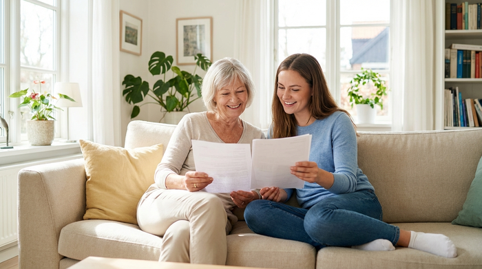 Zwei Frauen sitzen auf einem Sofa und schauen sich gemeinsam entspannt Dokumente an. Helles Wohnzimmer, seriöse und vertrauensvolle Beratungssituation ohne lesbaren Text.