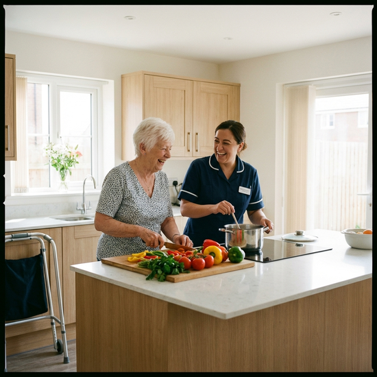 Eine Pflegekraft und eine Seniorin kochen gemeinsam in einer sauberen, modernen Küche. Frisches Gemüse liegt auf dem Schneidebrett, beide lachen fröhlich.