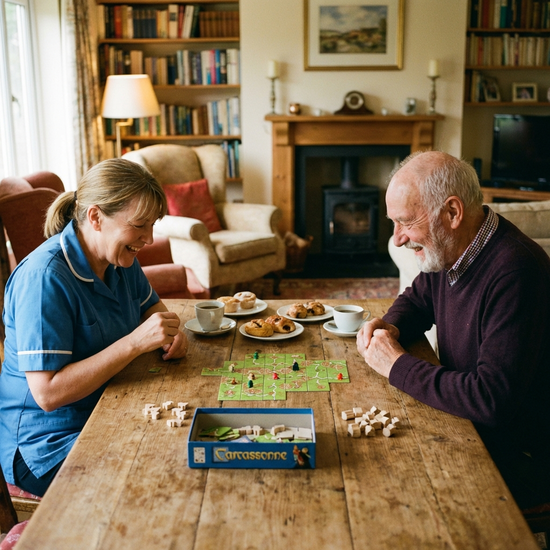 Eine Betreuerin und ein Senior spielen an einem Holztisch ein Brettspiel. Gemütliche Wohnatmosphäre, fokussierte und freudige Gesichter.