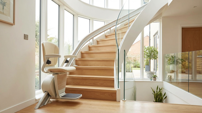 Ein moderner, sauberer Treppenlift in einem hellen Einfamilienhaus. Die Treppe ist aus hellem Holz, der Sitz ist sicher und komfortabel gestaltet.