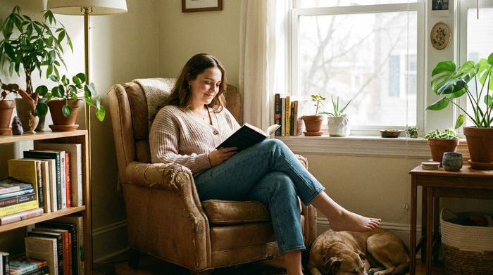 Eine junge Betreuerin liest entspannt ein Buch auf einem gemütlichen Sessel in ihrem eigenen, hellen Zimmer. Friedliche Ruhepause am Nachmittag.