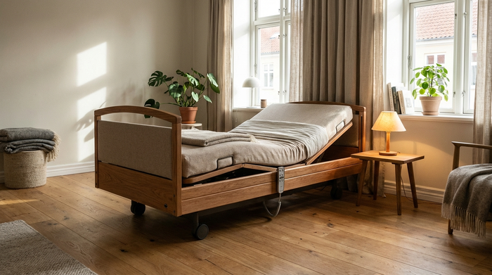 Ein modernes, elektrisch höhenverstellbares Pflegebett in einem gemütlichen, hellen Schlafzimmer mit Holzfußboden. Neben dem Bett steht ein kleiner Holztisch mit einer Leselampe. Warme, einladende Atmosphäre, keine medizinisch-kalte Krankenhausoptik.