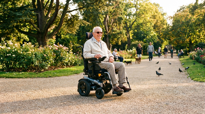 Ein älterer Herr fährt mit einem modernen Elektrorollstuhl entspannt durch einen sonnigen, grünen Park. Gepflegte Wege, alte Bäume im Hintergrund, realistische und lebensbejahende Szene, klare Farben.