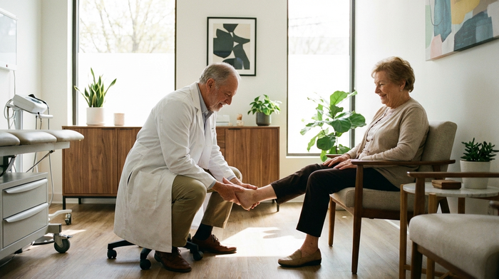 Ein erfahrener Orthopäde untersucht behutsam den Fuß einer älteren Patientin in einer hellen, modernen Arztpraxis. Professionelle medizinische Umgebung, warmes Tageslicht, realistisch.