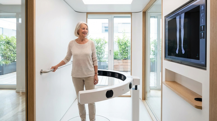 Eine ältere Dame steht entspannt in einer hellen Kabine, während eine moderne 3D-Kamera ohne Berührung ihre Beine vermisst. Die Szene wirkt hygienisch, komfortabel und fortschrittlich.