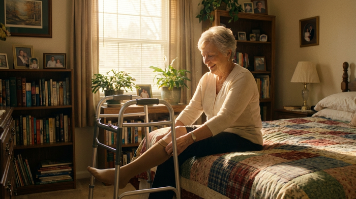 Eine gepflegte ältere Frau nutzt lächelnd ein metallenes Gestell als Anziehhilfe für ihre Kompressionsstrümpfe in ihrem gemütlichen Schlafzimmer. Morgendliches Sonnenlicht, realistische Alltagsszene.