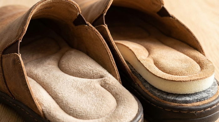 Nahaufnahme von weichen, schützenden orthopädischen Einlagen in bequemen Schuhen. Hochwertige Materialien, sanfte Polsterung, fokussiert auf Komfort und Sicherheit für empfindliche Füße.