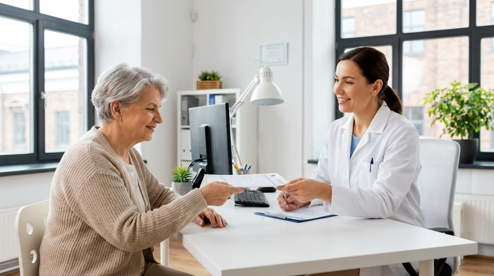 Eine ältere Dame mit grauem Haar sitzt am Schreibtisch einer hellen Arztpraxis und nimmt lächelnd ein ärztliches Dokument von einer freundlichen Ärztin im weißen Kittel entgegen. Klare, professionelle Umgebung ohne lesbaren Text.