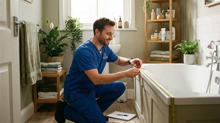 Ein freundlicher Medizintechniker in blauer Arbeitskleidung kniet in einem aufgeräumten, gemütlichen Badezimmer und misst mit einem Maßband sorgfältig den Rand einer weißen Badewanne aus. Realistische, alltägliche Szene.