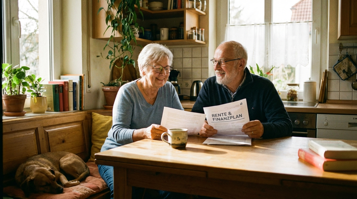 Ein älteres Ehepaar sitzt gemeinsam am Küchentisch und betrachtet entspannt einige Dokumente. Neben ihnen steht eine Tasse Kaffee. Die Szene strahlt Erleichterung und finanzielle Sicherheit aus.