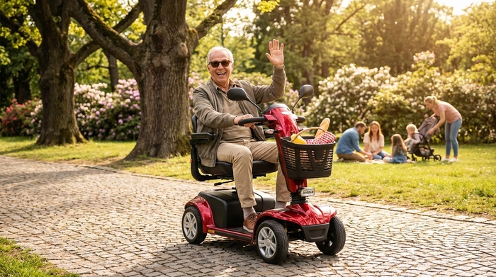 Ein aktiver Senior fährt an einem sonnigen Tag mit einem modernen, roten Elektromobil auf einem gepflasterten Weg durch einen grünen Park mit alten Bäumen. Lebensfreude und Mobilität im Alter.