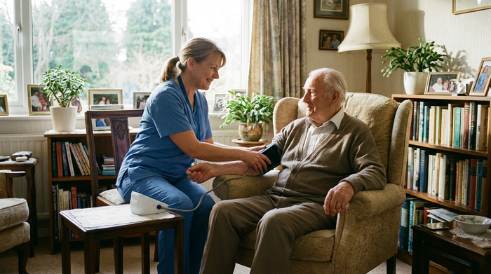 Eine fürsorgliche Pflegekraft misst den Blutdruck eines älteren Herrn im gemütlichen Wohnzimmer. Helles Tageslicht, professionelle und vertrauensvolle Atmosphäre, realistische Szene ohne Text.