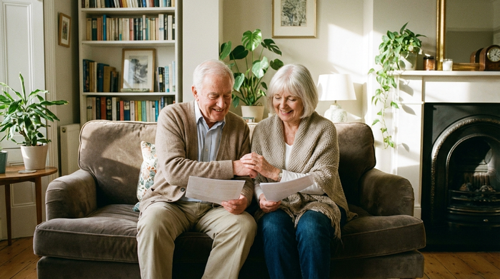 Ein älteres Ehepaar sitzt entspannt auf einem Sofa und schaut sich gemeinsam Dokumente an, beide wirken erleichtert und glücklich. Warme Wohnzimmeratmosphäre, aufgeräumt, ohne Text.