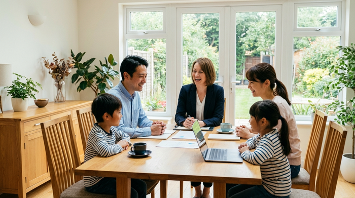 Eine sympathische Beraterin im Gespräch mit einer Familie am Esstisch. Sie besprechen lächelnd Details. Helle, freundliche Umgebung, realistische Interaktion, keine Texte im Bild.
